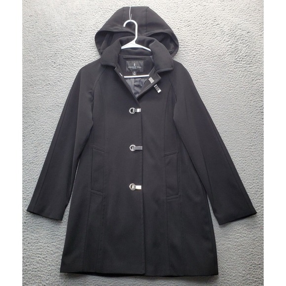London Fog Trench Coat Womens Petite S Black Removable Hood Buckle Frog‎ Button - Picture 1 of 14
